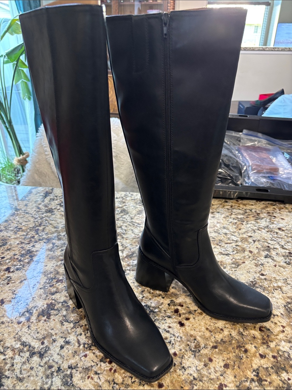 Classic Black Knee-High Vegan Leather Boots - Sleek Block Heel